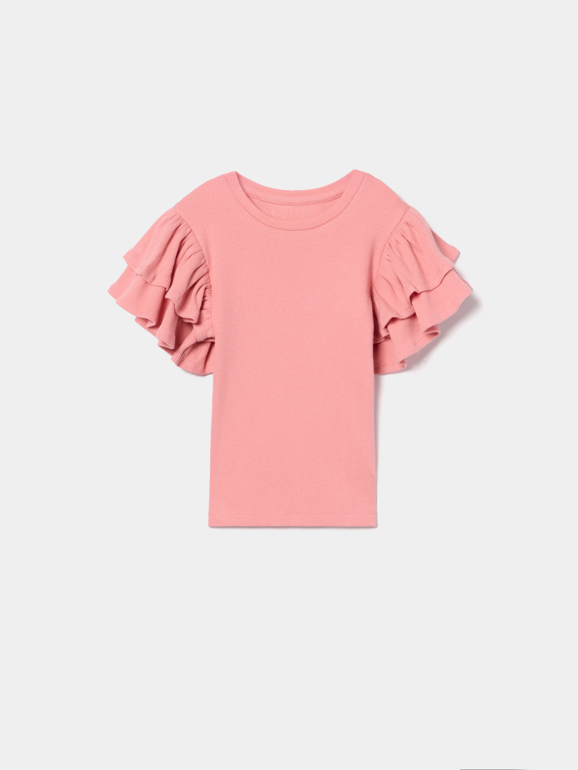 T-shirt canelada com folhos nas mangas