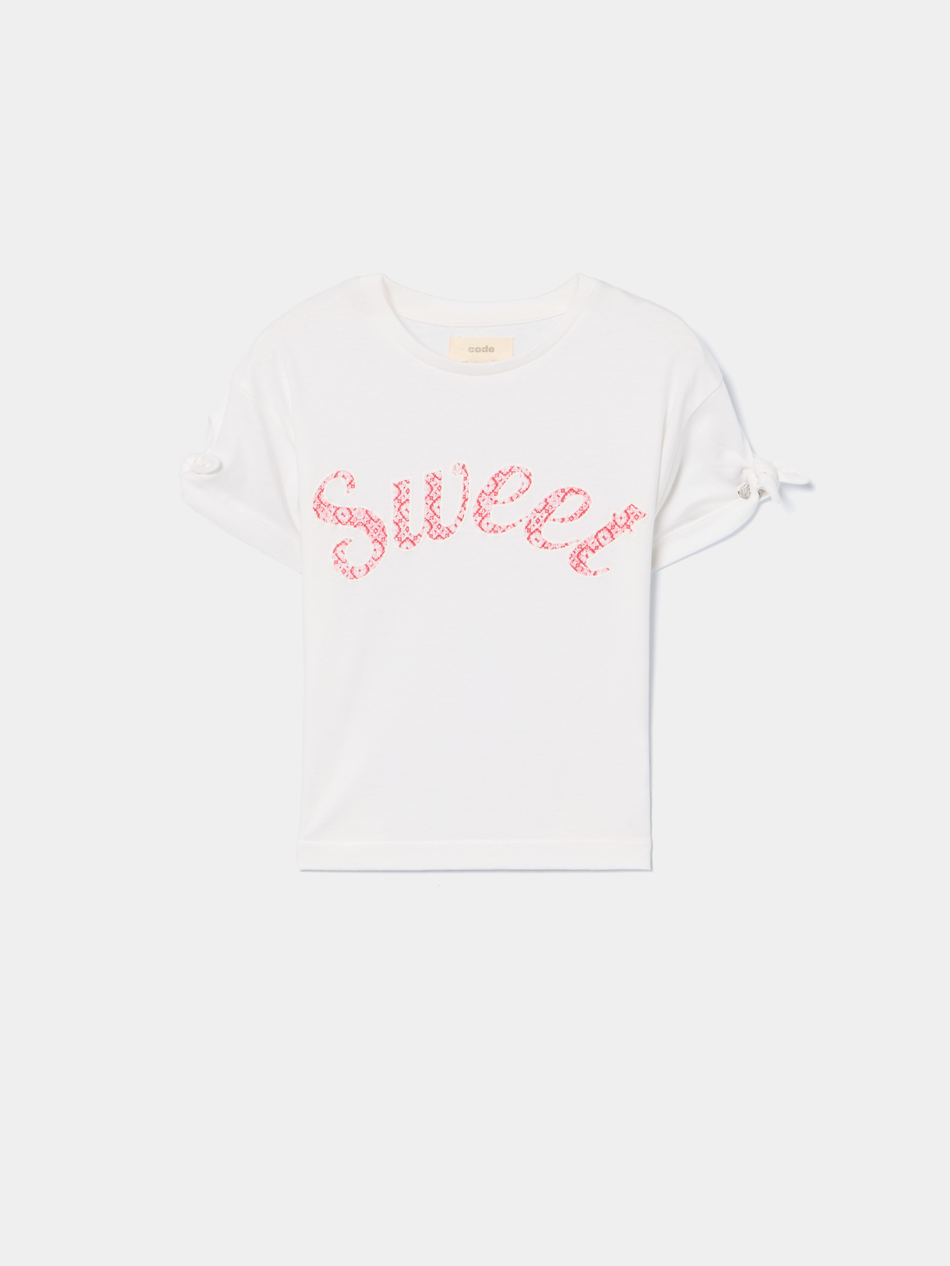 T-shirt estampada com nó nas mangas