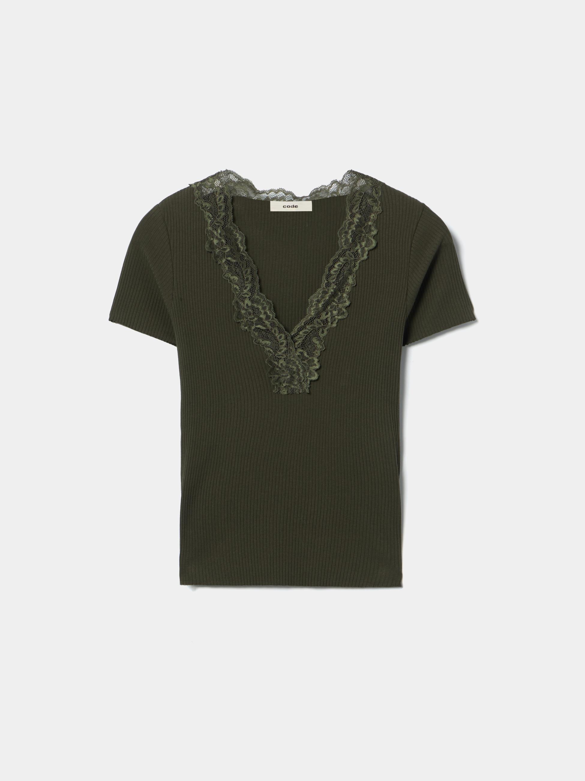 T-shirt canelada com detalhe em renda