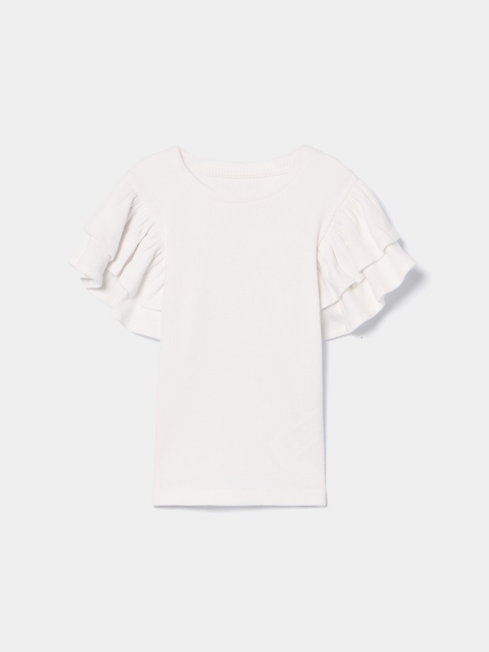 T-shirt canelada com folhos nas mangas T-shirt canelada com folhos nas mangas