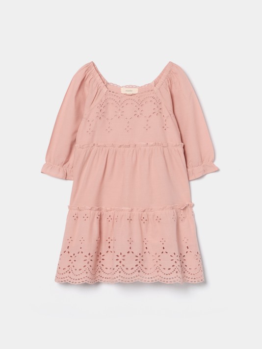 Vestido em bordado inglês com folhos Vestido em bordado inglês com folhos
