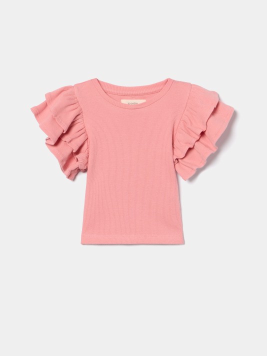 T-shirt canelada com folhos nas mangas