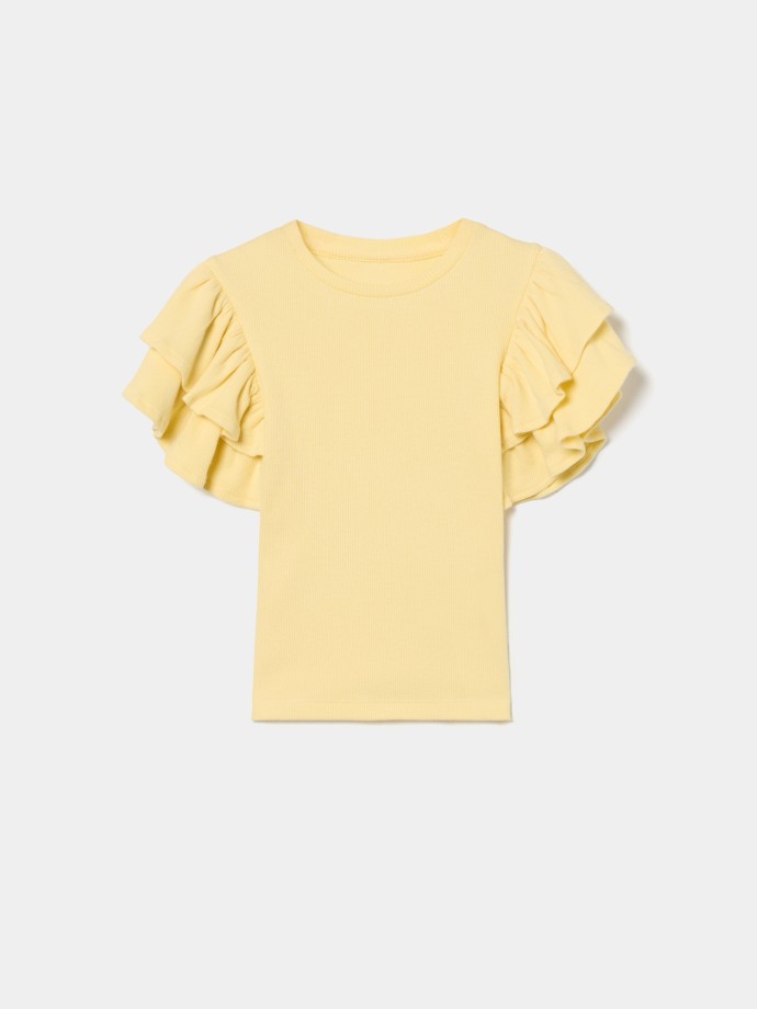 T-shirt canelada com folhos nas mangas