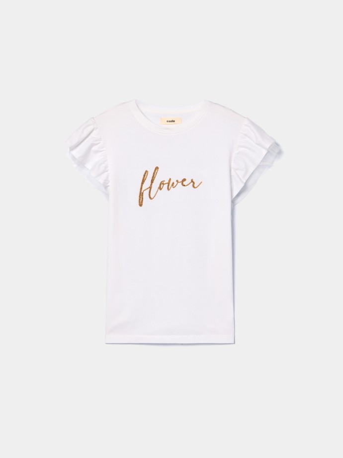 T-shirt com folhos e missangas