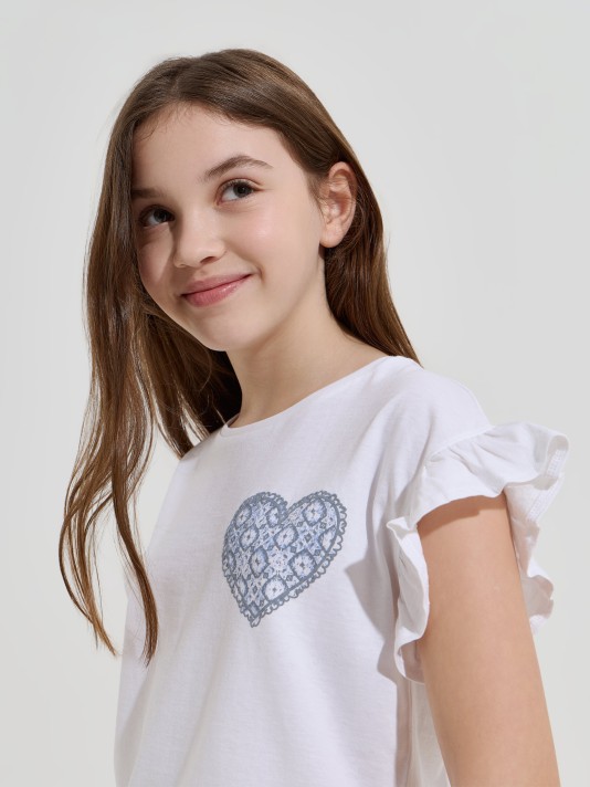 T-shirt estampada com folhos nas mangas