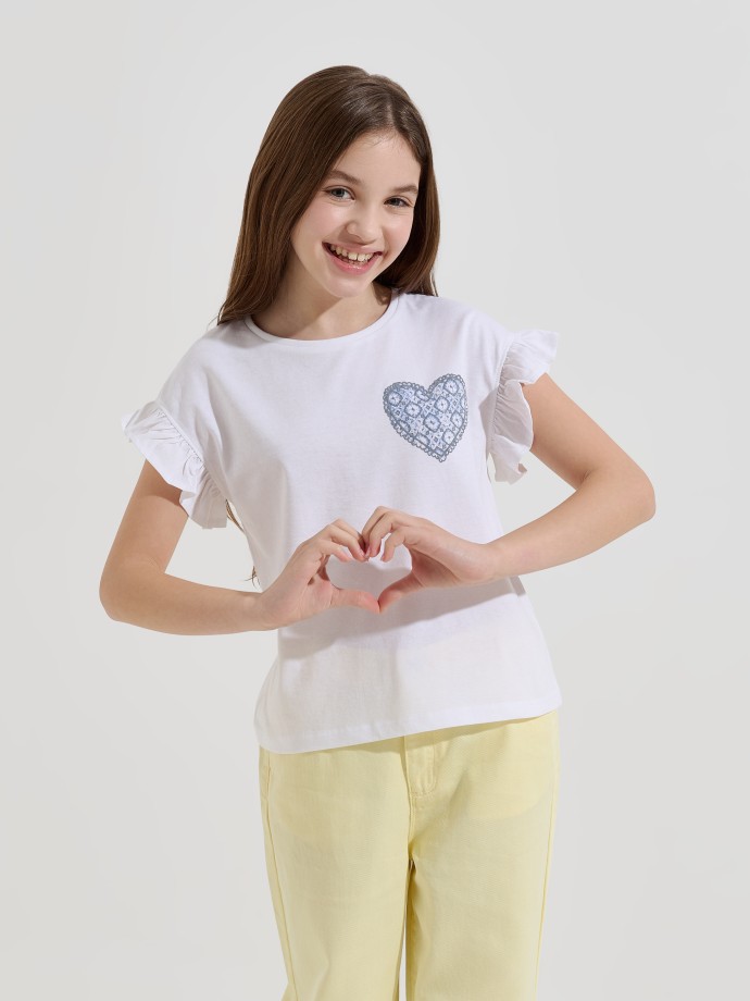 T-shirt estampada com folhos nas mangas