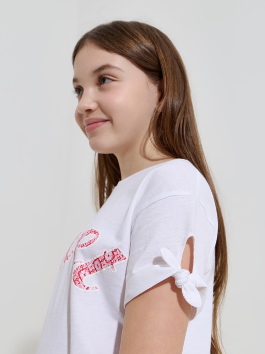 T-shirt estampada com nó nas mangas T-shirt estampada com nó nas mangas