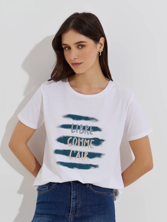 T-shirt estampada com brilhantes