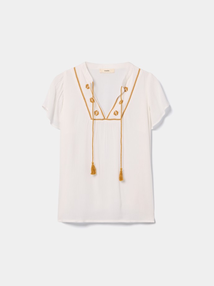 Blusa bordada com folhos