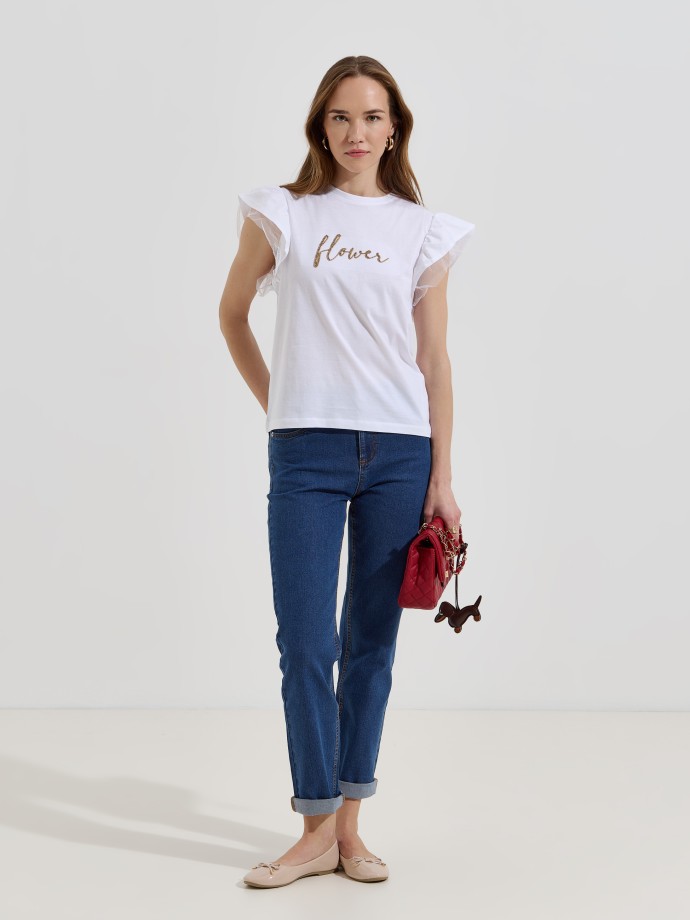 T-shirt com folhos e missangas