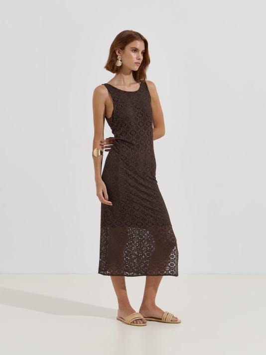Vestido midi em malha rendada