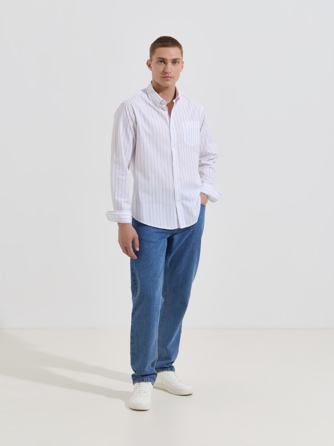 Camisa de popeline �s riscas com bolso