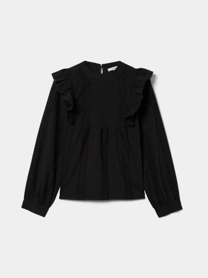 Blusa com folhos e bordado ingl�s
