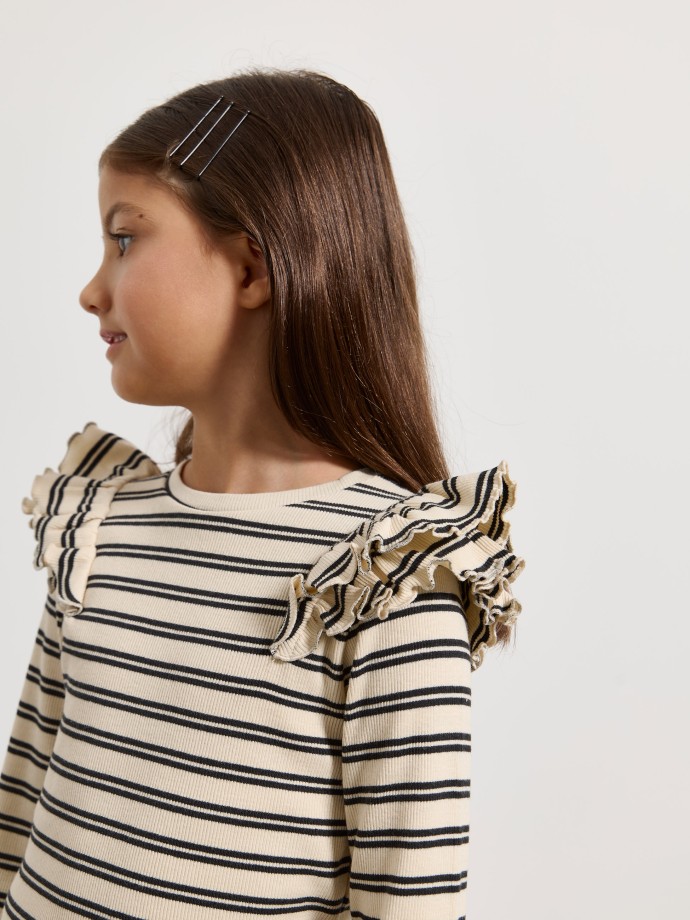 Camisola às riscas com folhos Camisola às riscas com folhos