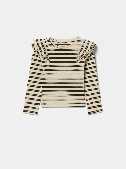 Camisola às riscas com folhos Camisola às riscas com folhos