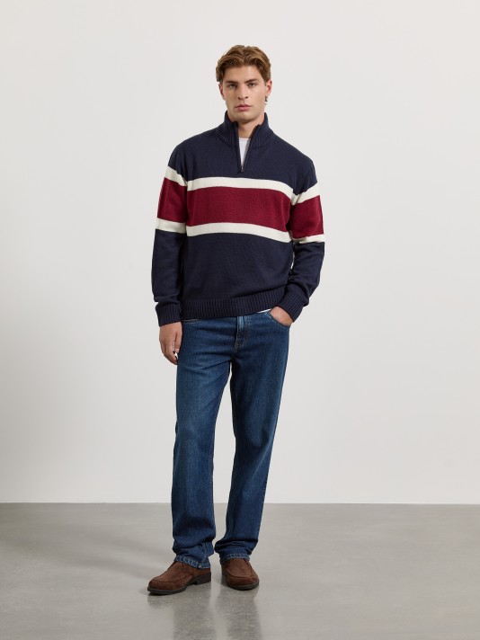 Camisola de malha às riscas com fecho Camisola de malha às riscas com fecho