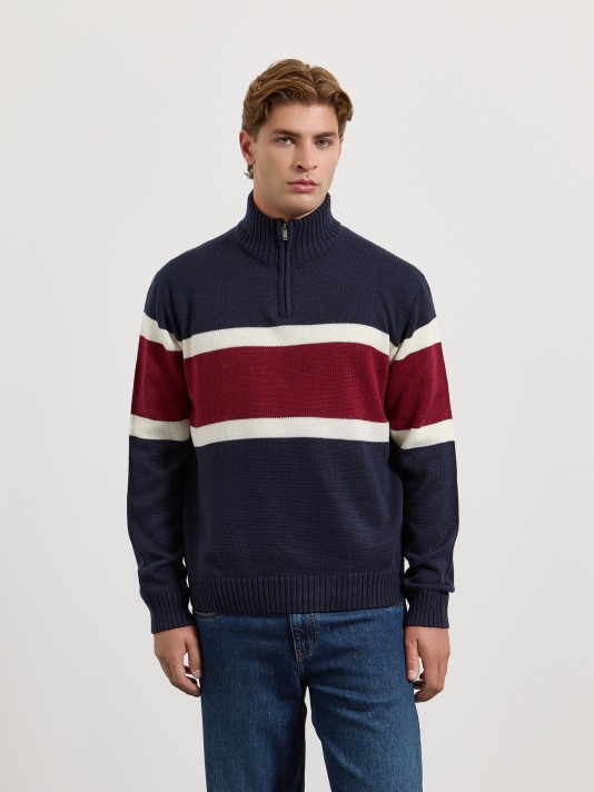 Camisola de malha às riscas com fecho Camisola de malha às riscas com fecho