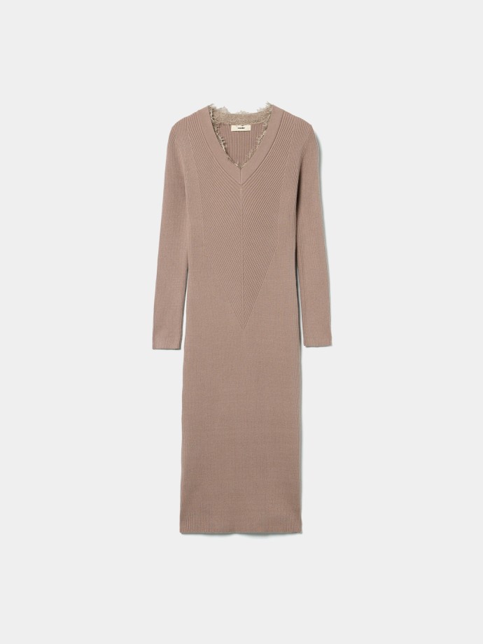 Vestido midi de malha com renda Vestido midi de malha com renda